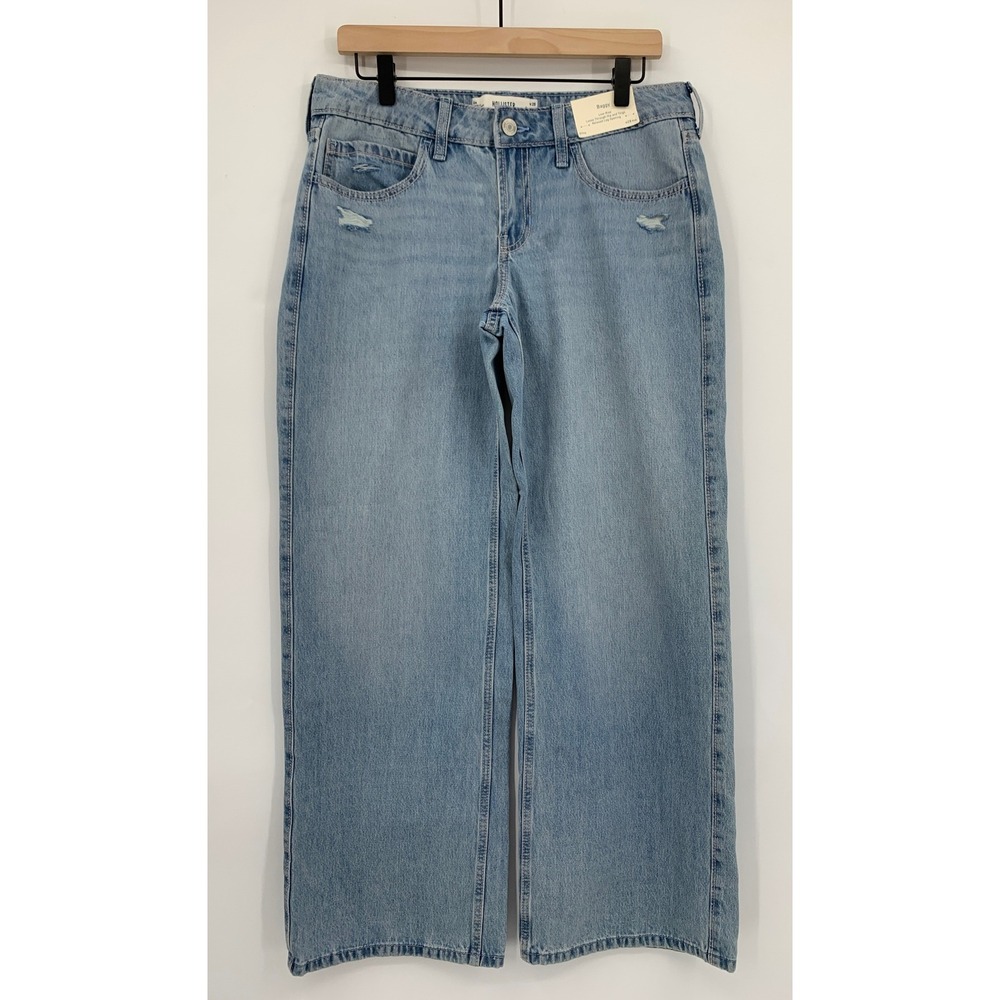 Hollister Baggy Jeans 6 Blue Low Rise Wide Leg Loose Fit Distressed Denim NEW‎